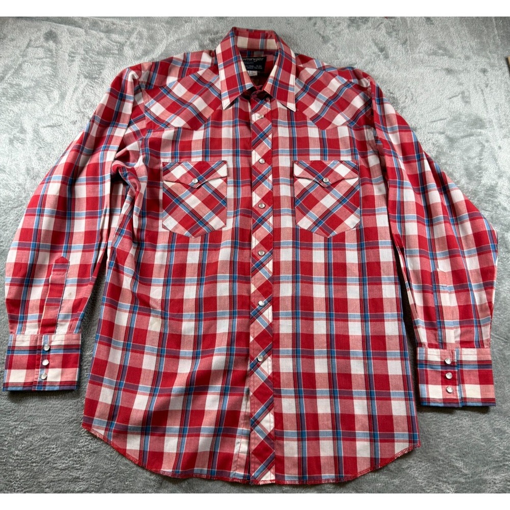 Vintage Wrangler Shirt Mens 16-34 Red Plaid Western Pearl Snap Long Sleeve 90s